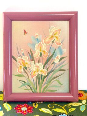 Framed Floral Impasto Oil Painting Irises Vintage Vaporcore Retro Frame Boho